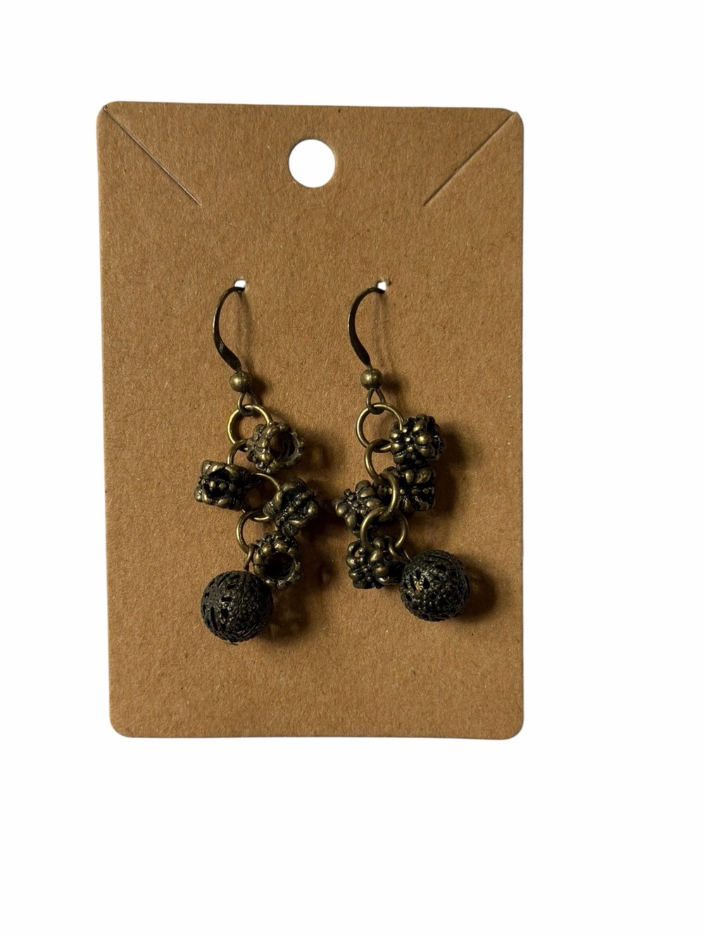 Antique Brass Cluster Drop Earrings - Brown
